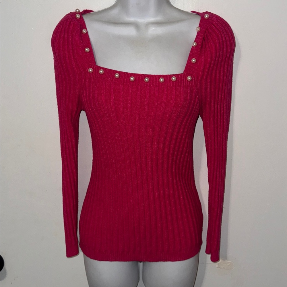Hot Pink Ribbed Knit Top rose pearls